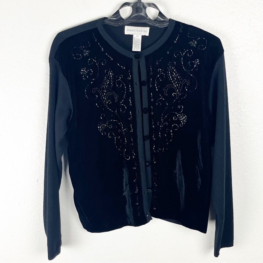 ROBERT SCOTT LTD Black Lambswool Blend Beaded Buttoned Cardigan Large Minimalist